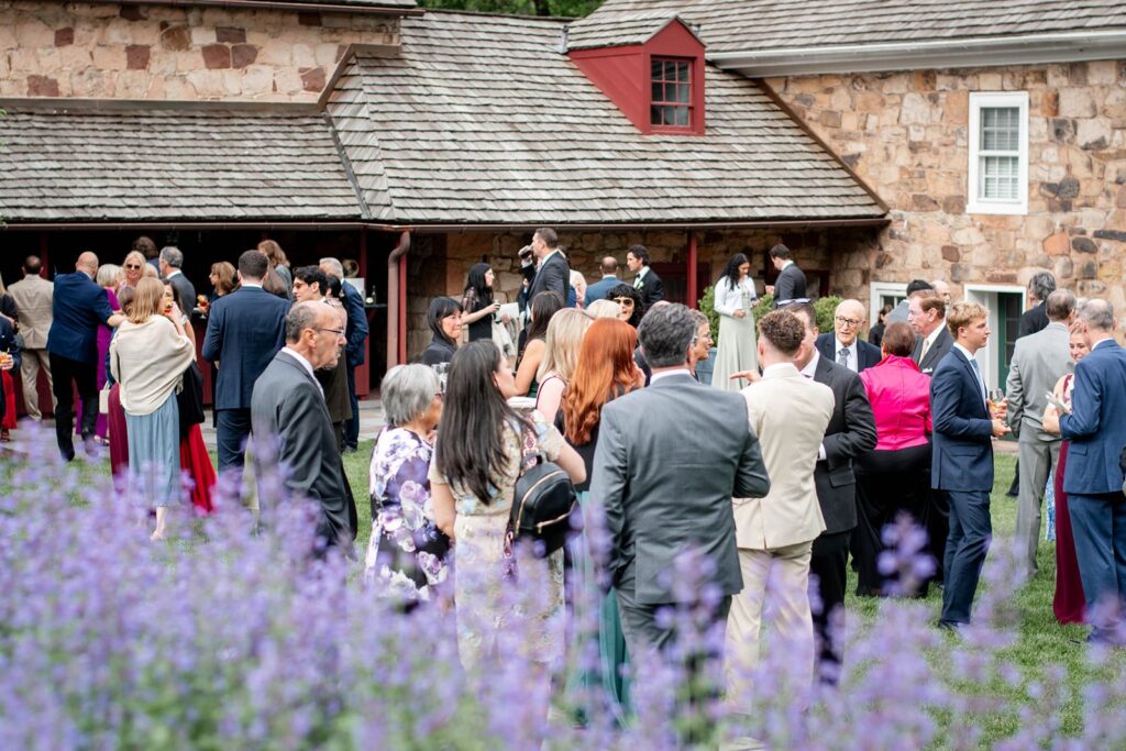wedding cocktail hour in garden with purple flowers at historic wedding venue in PA