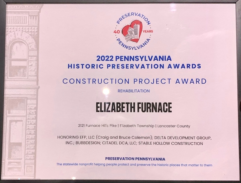 2022 Pennsylvania Historic Preservation award for Elizabeth Furnace